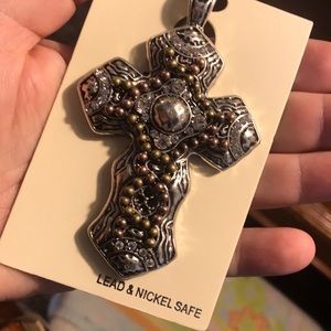 Crystal silver tone and bead cross enhancer